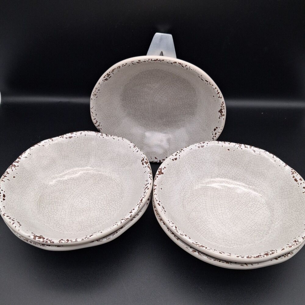 Tommy Bahama Melamine Set of 5 Pasta Bowls Creamy White W/ Brown Crackle 6.75"